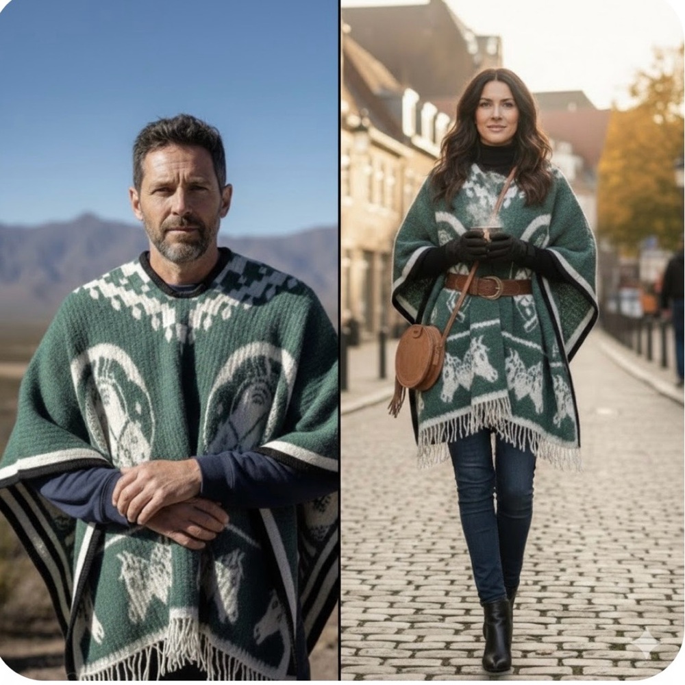 Poncho Unisex Green and White Horse Pattern Poncho  gabán One Size Pre-Owned